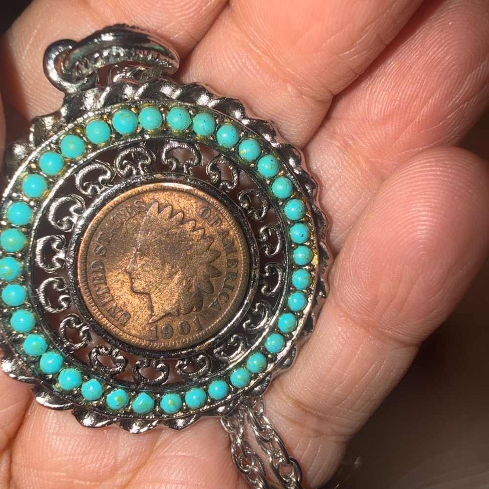 American Coin Treasures 1901 Indian Head Penny Necklace Turquoise Bead Pendant - Picture 3 of 4